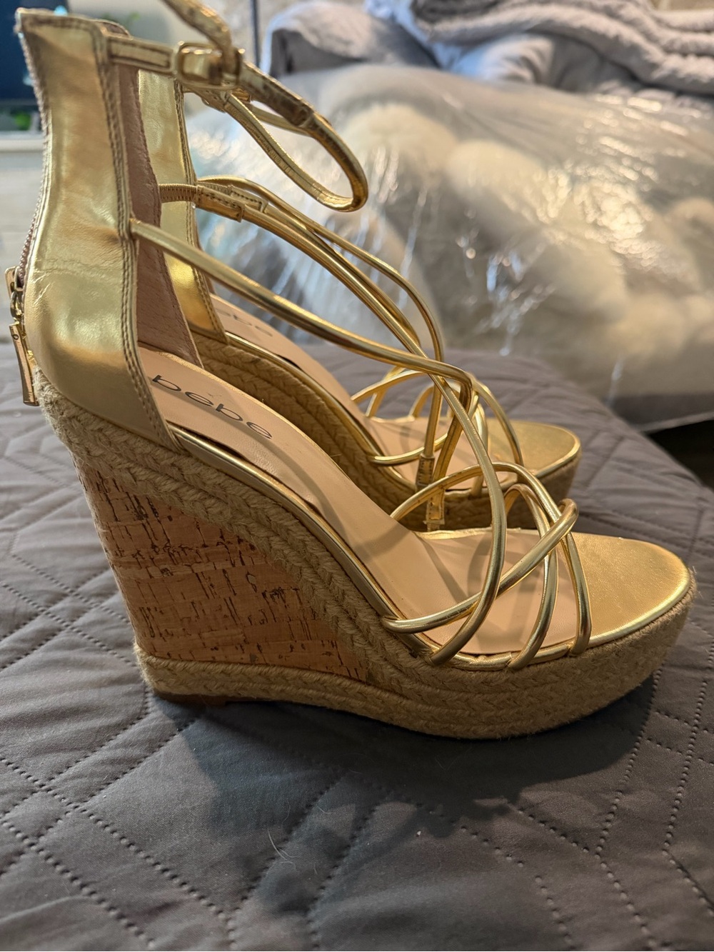 bebe Metallic Gold Strappy Cork Espadrille Wedges
